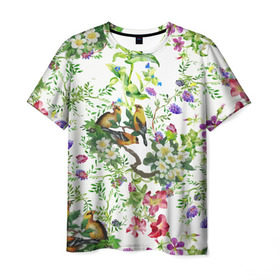 Мужская футболка 3D с принтом Райский остров в Тюмени, 100% полиэфир | прямой крой, круглый вырез горловины, длина до линии бедер | арт | краска | попугаи | попугай | прикольные | рай | тропики | цветные | цветок | цветы