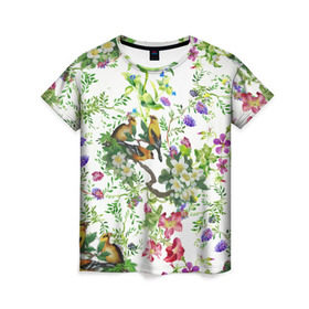 Женская футболка 3D с принтом Райский остров в Тюмени, 100% полиэфир ( синтетическое хлопкоподобное полотно) | прямой крой, круглый вырез горловины, длина до линии бедер | арт | краска | попугаи | попугай | прикольные | рай | тропики | цветные | цветок | цветы