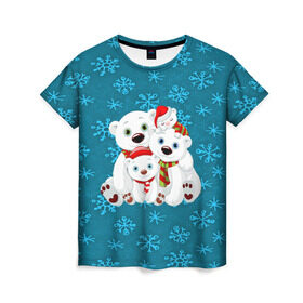Женская футболка 3D с принтом Новогодние мишки в Тюмени, 100% полиэфир ( синтетическое хлопкоподобное полотно) | прямой крой, круглый вырез горловины, длина до линии бедер | new year | santa | дед мороз | елка | елочки | новогодний | новый год | рождество | сантаклаус | снег | снежинки
