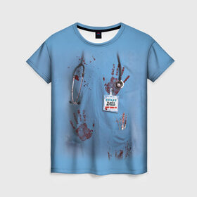 Женская футболка 3D с принтом Костюм врача кровь в Тюмени, 100% полиэфир ( синтетическое хлопкоподобное полотно) | прямой крой, круглый вырез горловины, длина до линии бедер | больница | врач | доктор | клиника | кровь