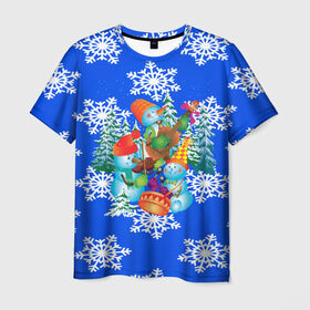 Мужская футболка 3D с принтом Снеговики в Тюмени, 100% полиэфир | прямой крой, круглый вырез горловины, длина до линии бедер | christmas | new year | santa | дед мороз | елка | елочки | новогодний | новый год | рождество | сантаклаус | снег | снежинки