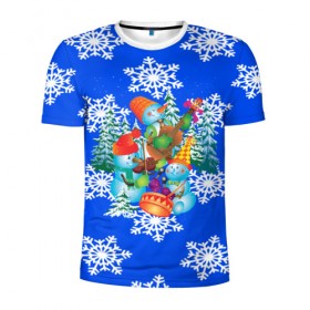 Мужская футболка 3D спортивная с принтом Снеговики в Тюмени, 100% полиэстер с улучшенными характеристиками | приталенный силуэт, круглая горловина, широкие плечи, сужается к линии бедра | christmas | new year | santa | дед мороз | елка | елочки | новогодний | новый год | рождество | сантаклаус | снег | снежинки