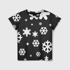 Детская футболка 3D с принтом Снежинки в Тюмени, 100% гипоаллергенный полиэфир | прямой крой, круглый вырез горловины, длина до линии бедер, чуть спущенное плечо, ткань немного тянется | christmas | new year | santa | дед мороз | елка | елочки | новогодний | новый год | рождество | сантаклаус | снег | снежинки