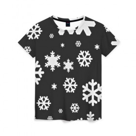 Женская футболка 3D с принтом Снежинки в Тюмени, 100% полиэфир ( синтетическое хлопкоподобное полотно) | прямой крой, круглый вырез горловины, длина до линии бедер | christmas | new year | santa | дед мороз | елка | елочки | новогодний | новый год | рождество | сантаклаус | снег | снежинки