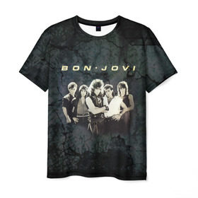 Мужская футболка 3D с принтом Группа Bon Jovi в Тюмени, 100% полиэфир | прямой крой, круглый вырез горловины, длина до линии бедер | Тематика изображения на принте: bon jovi | бон | бон джови | глэм | группа | джови | джон | рок | хард