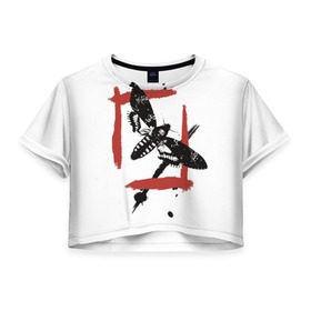 Женская футболка 3D укороченная с принтом Бабочка Треш полька в Тюмени, 100% полиэстер | круглая горловина, длина футболки до линии талии, рукава с отворотами | 
