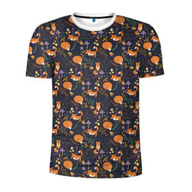 Мужская футболка 3D спортивная с принтом Лисоньки в Тюмени, 100% полиэстер с улучшенными характеристиками | приталенный силуэт, круглая горловина, широкие плечи, сужается к линии бедра | cute | forest | fox | грибы | лес | лиса | лисица | лисичка | листья | сказочный