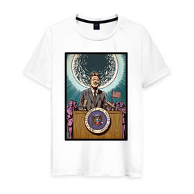 Мужская футболка хлопок с принтом Джон Кеннеди в Тюмени, 100% хлопок | прямой крой, круглый вырез горловины, длина до линии бедер, слегка спущенное плечо. | apollo | nasa | usa | аполлон | высадка на луну | космическая гонка | луна | лунная программа | наса | президент америки | сша