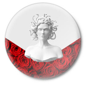 Значок с принтом Унисекс / Snake roses girl в Тюмени,  металл | круглая форма, металлическая застежка в виде булавки | букет | веты | красный | лепестки | модные | полосы | природа | растения | розочки | розы | сад | тренды | цвет | черный