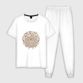Мужская пижама хлопок с принтом Ёжик в Тюмени, 100% хлопок | брюки и футболка прямого кроя, без карманов, на брюках мягкая резинка на поясе и по низу штанин
 | ежик | кот | котэ | кофе | машина | пончик