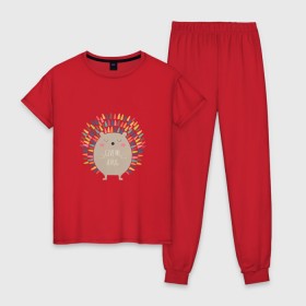 Женская пижама хлопок с принтом Ёжик в Тюмени, 100% хлопок | брюки и футболка прямого кроя, без карманов, на брюках мягкая резинка на поясе и по низу штанин | ежик | кот | котэ | кофе | машина | пончик