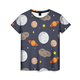 Женская футболка 3D с принтом Луна в Тюмени, 100% полиэфир ( синтетическое хлопкоподобное полотно) | прямой крой, круглый вырез горловины, длина до линии бедер | астероид | луна | метеорит | планета | сатурн | юпитер