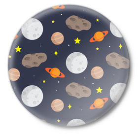 Значок с принтом Луна в Тюмени,  металл | круглая форма, металлическая застежка в виде булавки | астероид | луна | метеорит | планета | сатурн | юпитер
