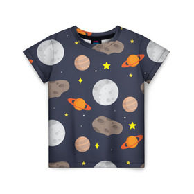 Детская футболка 3D с принтом Луна в Тюмени, 100% гипоаллергенный полиэфир | прямой крой, круглый вырез горловины, длина до линии бедер, чуть спущенное плечо, ткань немного тянется | Тематика изображения на принте: астероид | луна | метеорит | планета | сатурн | юпитер