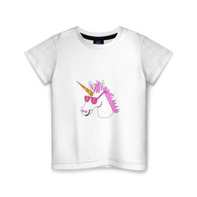 Детская футболка хлопок с принтом Единорог хипстер в Тюмени, 100% хлопок | круглый вырез горловины, полуприлегающий силуэт, длина до линии бедер | едиорог | лошадь | очки | сказка | хипстер | чудо