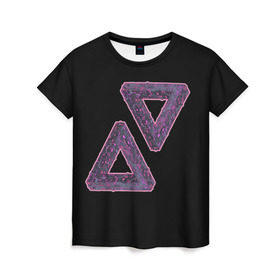 Женская футболка 3D с принтом Треугольники Пенроуза в Тюмени, 100% полиэфир ( синтетическое хлопкоподобное полотно) | прямой крой, круглый вырез горловины, длина до линии бедер | иллюзия | невероятный | невозможный | несуществующий | треугольник | трибар