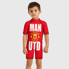 Детский купальный костюм 3D с принтом Manchester United в Тюмени, Полиэстер 85%, Спандекс 15% | застежка на молнии на спине | англия | болельщик | манчестер юнайтед | премьер лига | фанат | футбол | футболист