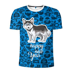 Мужская футболка 3D спортивная с принтом Хаски(новый год) в Тюмени, 100% полиэстер с улучшенными характеристиками | приталенный силуэт, круглая горловина, широкие плечи, сужается к линии бедра | Тематика изображения на принте: christmas | new year | santa | год собаки | дед мороз | елка | елочки | новогодний | новый год | рождество | сантаклаус | снег | снежинки | собака