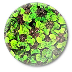 Значок с принтом Clover pattern в Тюмени,  металл | круглая форма, металлическая застежка в виде булавки | pattern | абстракция | арт | клевер | листья | паттерн | узор