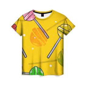 Женская футболка 3D с принтом Чупа-Чупс в Тюмени, 100% полиэфир ( синтетическое хлопкоподобное полотно) | прямой крой, круглый вырез горловины, длина до линии бедер | конфеты | леденец | паттерн | сладость | узор | чупа чупс