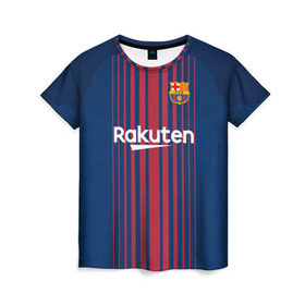 Женская футболка 3D с принтом Неймар Форма Барселона 2018 в Тюмени, 100% полиэфир ( синтетическое хлопкоподобное полотно) | прямой крой, круглый вырез горловины, длина до линии бедер | barca | barcelona | barsa | barselona | jr | neymar | барса | барселона | домашняя | неймар | нэймар | футбольная форма