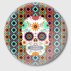 Значок с принтом Цветочный череп в Тюмени,  металл | круглая форма, металлическая застежка в виде булавки | Тематика изображения на принте: skull | мексика | орнамент | узоры | цветы | череп
