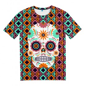 Мужская футболка 3D с принтом Цветочный череп в Тюмени, 100% полиэфир | прямой крой, круглый вырез горловины, длина до линии бедер | skull | мексика | орнамент | узоры | цветы | череп