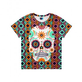 Детская футболка 3D с принтом Цветочный череп в Тюмени, 100% гипоаллергенный полиэфир | прямой крой, круглый вырез горловины, длина до линии бедер, чуть спущенное плечо, ткань немного тянется | skull | мексика | орнамент | узоры | цветы | череп