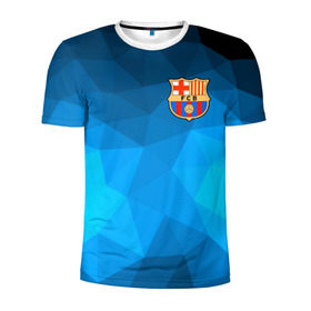 Мужская футболка 3D спортивная с принтом FC Barcelona blue polygon 2018 в Тюмени, 100% полиэстер с улучшенными характеристиками | приталенный силуэт, круглая горловина, широкие плечи, сужается к линии бедра | Тематика изображения на принте: fc barcelona | мяч | спорт | футбол | чеппионат 