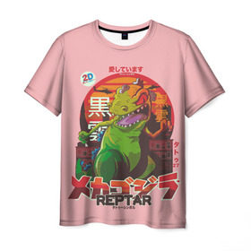 Мужская футболка 3D с принтом Годзилла в Тюмени, 100% полиэфир | прямой крой, круглый вырез горловины, длина до линии бедер | lizard | raptor | reptar | t rex  dino | годзила | годзилла | динозавр | иероглифы | монстр | япония | ящер