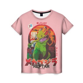 Женская футболка 3D с принтом Годзилла в Тюмени, 100% полиэфир ( синтетическое хлопкоподобное полотно) | прямой крой, круглый вырез горловины, длина до линии бедер | lizard | raptor | reptar | t rex  dino | годзила | годзилла | динозавр | иероглифы | монстр | япония | ящер