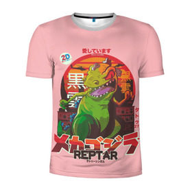 Мужская футболка 3D спортивная с принтом Годзилла в Тюмени, 100% полиэстер с улучшенными характеристиками | приталенный силуэт, круглая горловина, широкие плечи, сужается к линии бедра | lizard | raptor | reptar | t rex  dino | годзила | годзилла | динозавр | иероглифы | монстр | япония | ящер