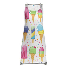 Платье-майка 3D с принтом мороженное в Тюмени, 100% полиэстер | полуприлегающий силуэт, широкие бретели, круглый вырез горловины, удлиненный подол сзади. | dessert | food | ice cream | sweets | десерт | еда | мороженное | сладости
