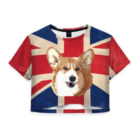 Женская футболка 3D укороченная с принтом Королевский корги в Тюмени, 100% полиэстер | круглая горловина, длина футболки до линии талии, рукава с отворотами | англия | великобритания | вельш корги | корги | корги пемброк | королева | пемброк | собака | флаг