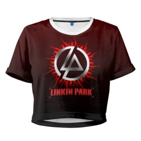 Женская футболка 3D укороченная с принтом Красно-черный Linkin Park в Тюмени, 100% полиэстер | круглая горловина, длина футболки до линии талии, рукава с отворотами | 