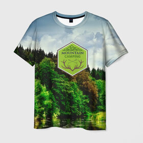 Мужская футболка 3D с принтом Mountain Camping в Тюмени, 100% полиэфир | прямой крой, круглый вырез горловины, длина до линии бедер | Тематика изображения на принте: mountain | возвышение | возвышенность | гора | горка | горы | лес | природа | склон | туман | холм