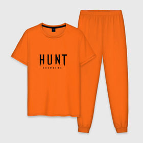 Мужская пижама хлопок с принтом Hunt: Showdown Black Logo в Тюмени, 100% хлопок | брюки и футболка прямого кроя, без карманов, на брюках мягкая резинка на поясе и по низу штанин
 | Тематика изображения на принте: crytek | game | hunt | hunt: showdown | hunter | monsters | showdown | игра | крайтек | охота | столкновение