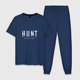Мужская пижама хлопок с принтом Hunt: Showdown White Logo в Тюмени, 100% хлопок | брюки и футболка прямого кроя, без карманов, на брюках мягкая резинка на поясе и по низу штанин
 | Тематика изображения на принте: crytek | game | hunt | hunt: showdown | hunter | monsters | showdown | игра | крайтек | охота | столкновение