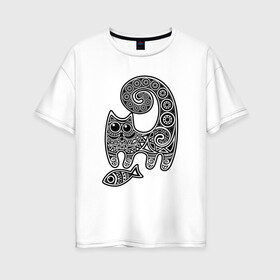 Женская футболка хлопок Oversize с принтом Кот3 в Тюмени, 100% хлопок | свободный крой, круглый ворот, спущенный рукав, длина до линии бедер
 |  кот | котик | рыба | узор | узоры