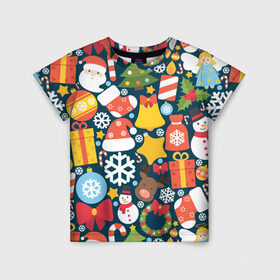 Детская футболка 3D с принтом Новогодний набор в Тюмени, 100% гипоаллергенный полиэфир | прямой крой, круглый вырез горловины, длина до линии бедер, чуть спущенное плечо, ткань немного тянется | new year | елка | новый год | подарок | снеговик | снежинка