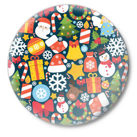 Значок с принтом Новогодний набор в Тюмени,  металл | круглая форма, металлическая застежка в виде булавки | new year | елка | новый год | подарок | снеговик | снежинка