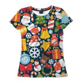 Женская футболка 3D с принтом Новогодний набор в Тюмени, 100% полиэфир ( синтетическое хлопкоподобное полотно) | прямой крой, круглый вырез горловины, длина до линии бедер | new year | елка | новый год | подарок | снеговик | снежинка
