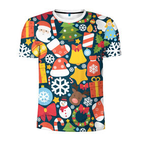 Мужская футболка 3D спортивная с принтом Новогодний набор в Тюмени, 100% полиэстер с улучшенными характеристиками | приталенный силуэт, круглая горловина, широкие плечи, сужается к линии бедра | new year | елка | новый год | подарок | снеговик | снежинка