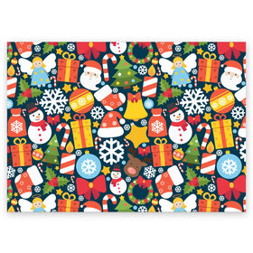 Поздравительная открытка с принтом Новогодний набор в Тюмени, 100% бумага | плотность бумаги 280 г/м2, матовая, на обратной стороне линовка и место для марки
 | new year | елка | новый год | подарок | снеговик | снежинка