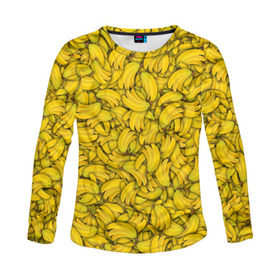 Женский лонгслив 3D с принтом Бананы в Тюмени, 100% полиэстер | длинные рукава, круглый вырез горловины, полуприлегающий силуэт | banana | vegan | банан | веган | желтый | паттерн | текстура | фрукт