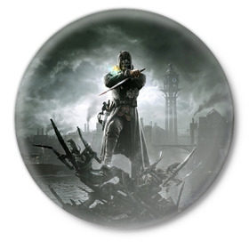 Значок с принтом Dishonored 2 в Тюмени,  металл | круглая форма, металлическая застежка в виде булавки | Тематика изображения на принте: dunwall | дануолл | корво аттано