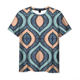 Мужская футболка 3D с принтом Восточные узоры в Тюмени, 100% полиэфир | прямой крой, круглый вырез горловины, длина до линии бедер | бежевый | кружево | мода | модные | синий | узоры | цвет | цветные | яркие