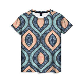 Женская футболка 3D с принтом Восточные узоры в Тюмени, 100% полиэфир ( синтетическое хлопкоподобное полотно) | прямой крой, круглый вырез горловины, длина до линии бедер | бежевый | кружево | мода | модные | синий | узоры | цвет | цветные | яркие