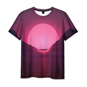 Мужская футболка 3D с принтом Cyber Sun в Тюмени, 100% полиэфир | прямой крой, круглый вырез горловины, длина до линии бедер | Тематика изображения на принте: cyber | голограмма | горы | кибер | модные | полосы | ретро | свет | солнце | яркие