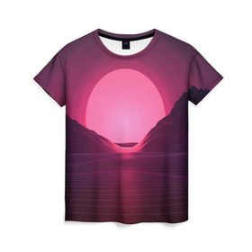 Женская футболка 3D с принтом Cyber Sun в Тюмени, 100% полиэфир ( синтетическое хлопкоподобное полотно) | прямой крой, круглый вырез горловины, длина до линии бедер | cyber | голограмма | горы | кибер | модные | полосы | ретро | свет | солнце | яркие